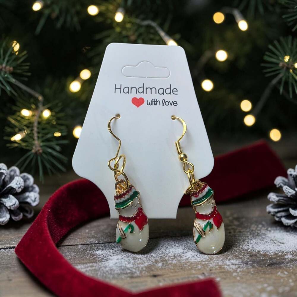 Handmade Enamel Snowman Dangle Earrings